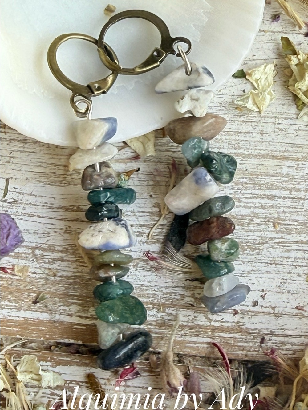 Alquimia Mixed Green, White & Brown Stone Chip Drop Earrings